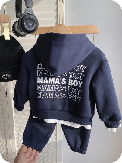 SHEIN 2pcs Baby/Toddler Unisex Casual All-Match Loose Hoodie Sweatshirt And Pants Set, Korean Style, Suitable For School, Home, Outings, Fleece Thickened For Autumn/Winter