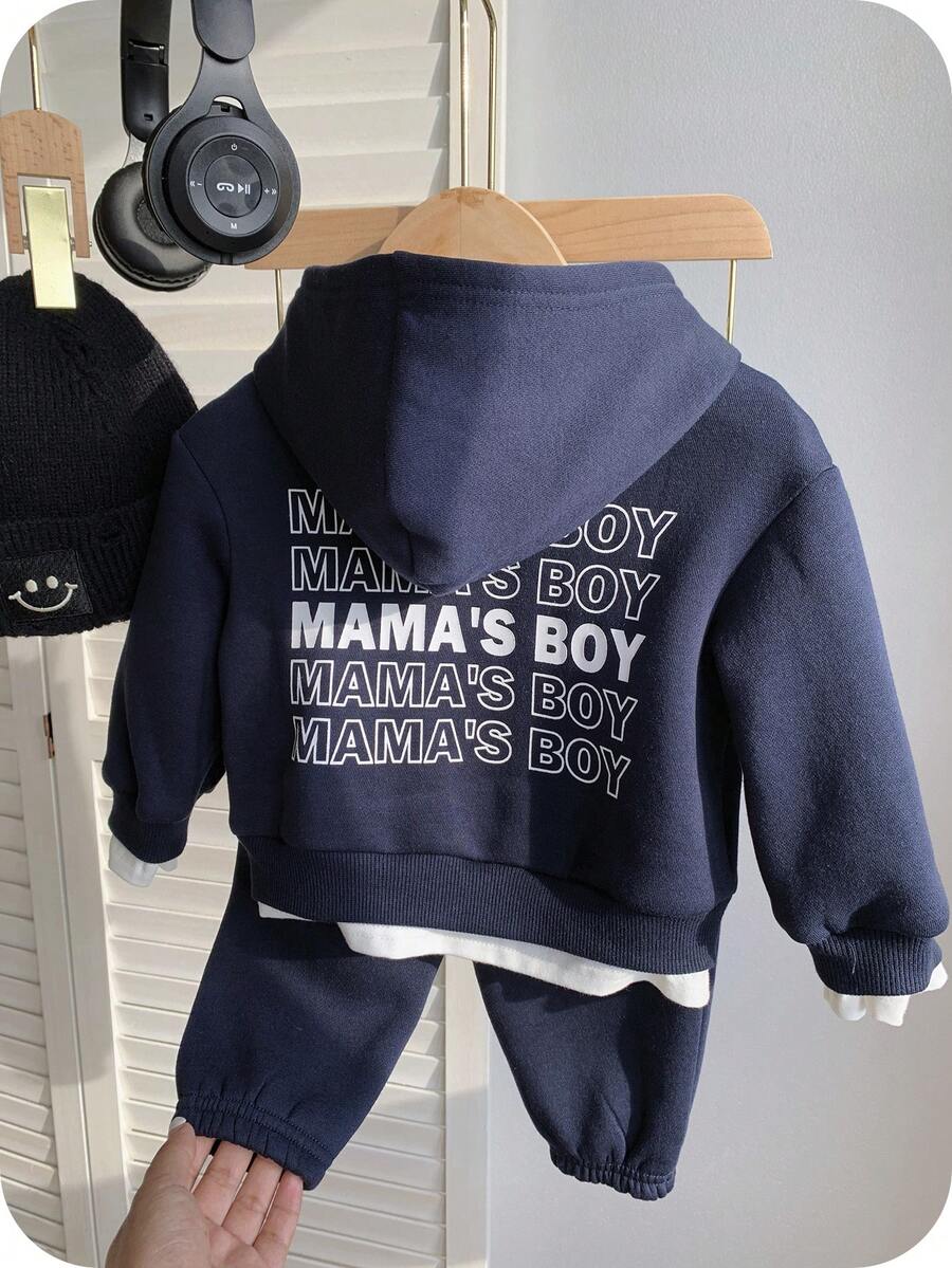 SHEIN 2件套婴幼儿男女休闲百搭宽松连帽卫衣和裤子套装，韩版，适合上学、居家、外出，秋冬加厚羊毛绒 - 藍白色 - 查看 1