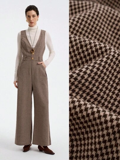 Aalyst 女式休闲 V 领收腰阔腿连体裤无袖纹理提花口袋连衣裙