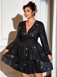 Cravure Robe midi évasée à manches longues en feuille d'or sexy et élégante pour femmes grandes tailles