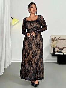 Firerie Rochie de seară cu mânecă lungă din dantelă, în culori contrastante, cu tiv evazat, mărime plus, sexy pentru petrecere, întâlnire, seară, bal, potrivită pentru primăvară și începutul toamnei - Negru - Vizualizare 4