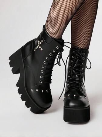 Grunge Punk Gothic Style Square Toe Chunky Heel Punk Boots, PU Leather Black High Heel Boots Suitable For Party, Daily Wear, Evening Dress, Height Increasing And Leg Lengthening, Halloween