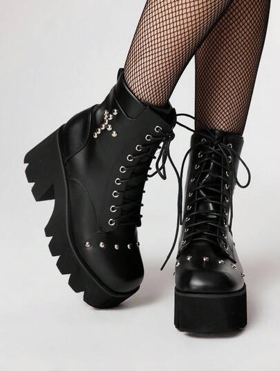 Grunge Punk Gothic Style Square Toe Chunky Heel Punk Boots, PU Leather Black High Heel Boots Suitable For Party, Daily Wear, Evening Dress, Height Increasing And Leg Lengthening, Halloween