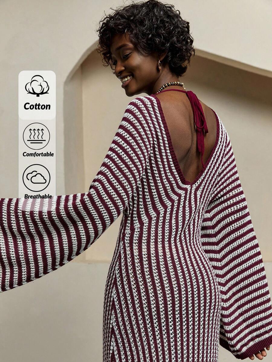 Bóhologie 女士 V 领条纹露背低胸针织罩衫沙滩装连衣裙