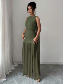 Vestido plisado con abertura y espalda descubierta de unicolor elegante para mujer, de verano - Verde militar - Ver 7