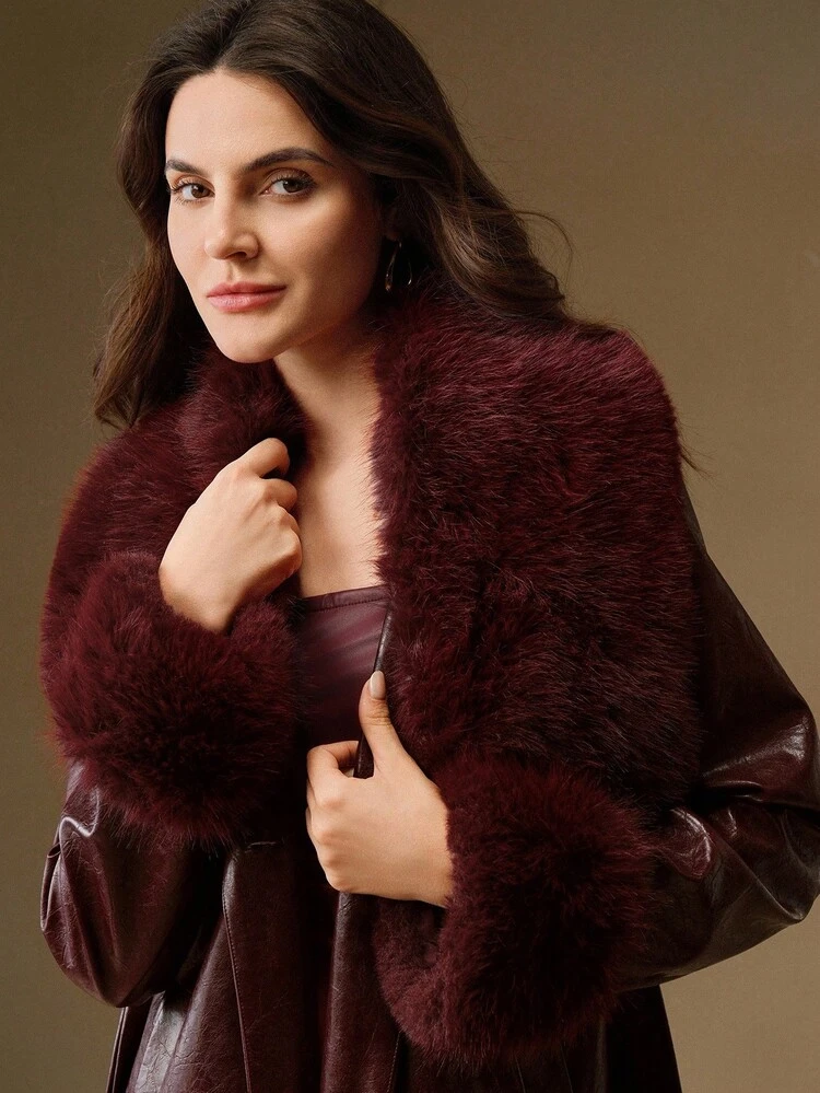 Abrigo elegante de cuero sintético con forma ajustada, parches de piel sintética burdeos y longitud media, adecuado para invierno, Navidad y fiestas de Año Nuevo