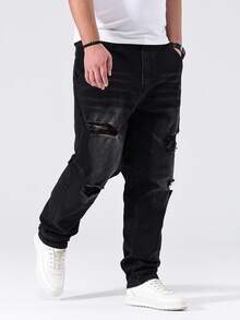 Manfinity Homme Calça Jeans Skinny Preto Desbotado e Desgastado Plus Size, Estilo de Rua Casual, Primavera/Verão - Preto - Visão 5