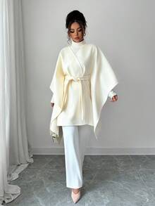 Selianne 25-30+ Days Casual Autumn/Winter Batwing Sleeve Waist Cinched Mid-Length Elegant Overcoat - Apricot - View 3