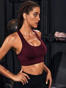 Powerista Women's Solid Color Hollow Design Everyday Fitness Sports Bra (Seamless) Seamless Sports Bra Workout Sports Bra Burgundy Sports Bra Seamless Workout Top Built In Bra Workout Top - Burgundy - View 5