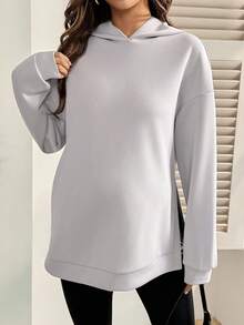 SHEIN Áo nỉ trùm đầu xẻ tà đơn sắc dành cho bà bầu, màu xám nhạt - Xám - Xem 3