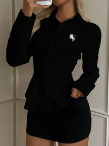 SHEIN EZwear 黑色马图案女士休闲腰部收紧长袖纽扣衬衫，适合秋冬季 - 黑色 - 查看 4