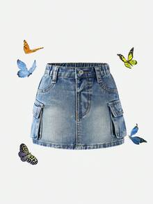 SHEIN 休闲宽松极简迷彩印花多口袋女童牛仔迷你裙 - 中等水洗藍 - 查看 7