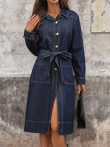 EMERY ROSE Váy denim tay dài thắt nút cổ điển màu xanh đậm cho nữ - Màu xanh lam - Xem 3