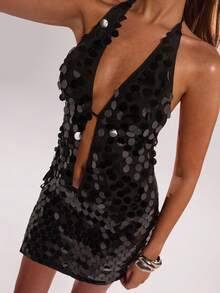 SHEIN BAE Sequin Halter Backless Top - Black - View 7