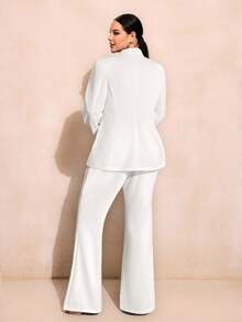SHEIN SXY 秋冬大码女式纯色翻领长袖夹克和喇叭裤优雅套装 - 白色 - View 2