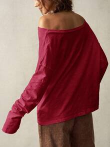 Bohemela Lässiges Große Größen-Langarm-T-Shirt mit asymmetrischem Kragen in Große Größen - Bordeaux - Übersicht 2