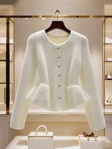 Chaqueta corta de mujer con cintura ceñida y volantes en el bajo, decoración con botones metálicos únicos, suéter blanco elegante - Blanco - Ver 1