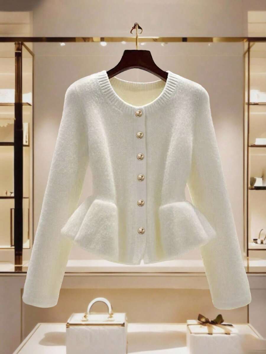 Chaqueta corta de mujer con cintura ceñida y volantes en el bajo, decoración con botones metálicos únicos, suéter blanco elegante - Blanco - Ver 1
