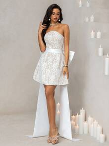 Vowa 优雅奢华的超大蝴蝶结露肩珍珠链连衣裙，适合婚礼、派对、单身派对、度假、舞会、新娘送礼会礼服 - 米色 - 查看 7