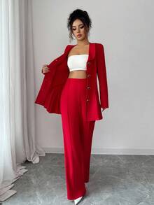 Elenzga بدلة نسائية أنيقة رومانسية، تشمل جاكيت بياقة وأكمام طويلة وخصر ضيق بتصميم A-line وبنطال ساق مستقيمة