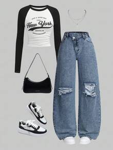 Teen Girl New Washed Denim Blue Asymmetrical Waist Design Loose Straight Leg Baggy Jeans, Fashionable Distressed Casual Pants, Versatile & Snug Fit, Suitable For Outdoor & Daily Wear