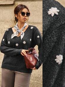 Calvaya Modischer, lässiger, eleganter, bestickter Pullover in Große Größen, grauer Damen-Pullover, Pullover für Frauen, Pullover für Frauen, Gänseblumen-Pullover