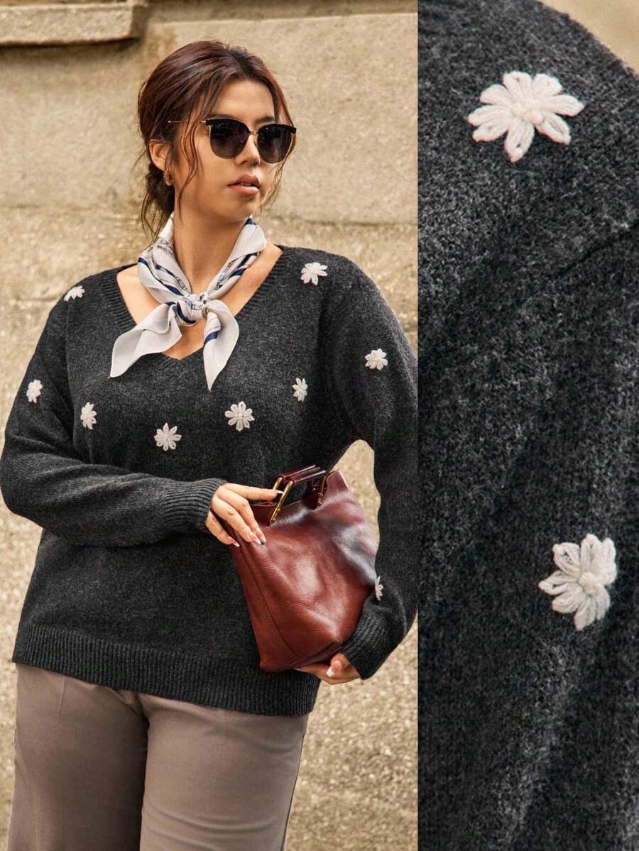 Calvaya Modischer, lässiger, eleganter, bestickter Pullover in Große Größen, grauer Damen-Pullover, Pullover für Frauen, Pullover für Frauen, Gänseblumen-Pullover