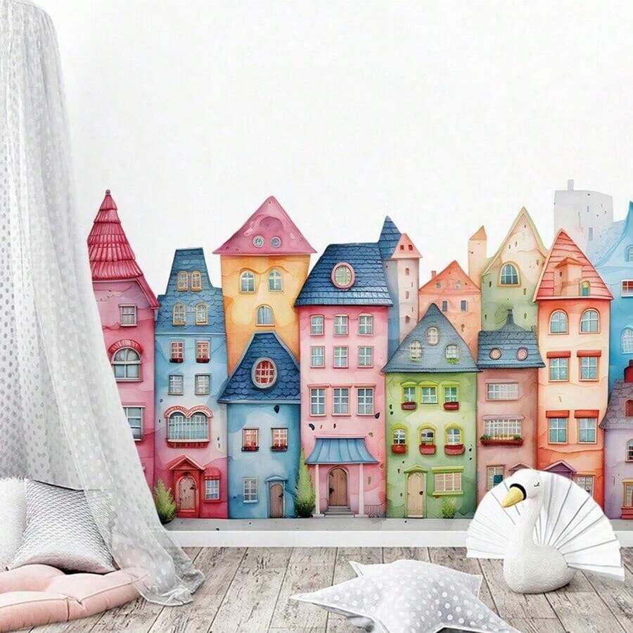 1pc PVC Watercolor Cartoon Fairytale Town Star Cloud Pattern Creative Wall Sticker Removable Decals For Bedroom, Living Room, Playroom & Pink Room Wall Decor & Home Aesthetics