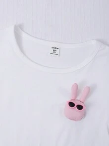 SHEIN Explorewe 2pcs/Set Tween GirlsSolid Bunny Pattern Top And Graffiti Print Pants Outfit - White - View 5