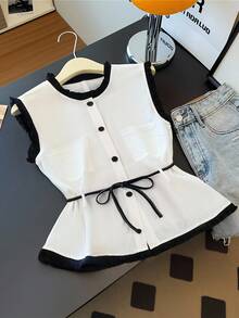 GlowEve 女式白色圆领无袖休闲衬衫，带流苏饰边和前扣 - 白色 - 查看 3