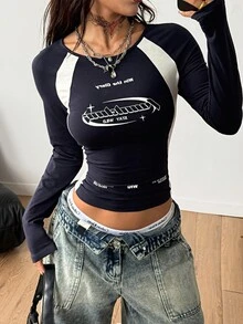 Coolane 女士冬季/秋季街头休闲比赛日返校休闲棉质撞色深蓝色圆领长袖 T 恤 - 彩色 - 查看 5