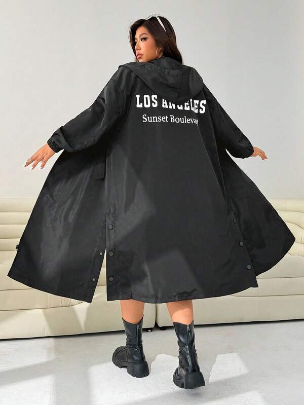SHEIN EZwear Plus Zip Up Letter Graphic Drop Shoulder Hooded Longline Jacket Winter Fall Autumn