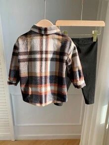 2 Stück Baby Mädchen Retro Karomuster Flanell Hemd Jacke mit Kragen und Knöpfen & Dicke Hose mit elastischem Bund, geeignet für den Winter