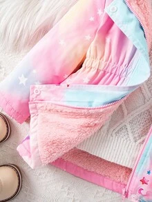 SHEIN Chaqueta con capucha forrada térmicamente con patrón de unicornio de dibujos animados lindo para bebé niña, adecuada para exteriores, parque de atracciones, otoño/invierno - Multicolor - Ver 6