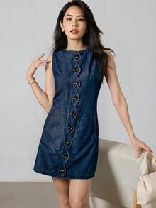 Heiryn 女士牛仔连衣裙，带口袋，波浪门襟，纽扣门襟，女装，蓝色连衣裙，直筒连衣裙，女士圆领，无袖，单纽扣口袋，牛仔连衣裙，蓝色连衣裙，蓝色女装，海军蓝连衣裙，西部连衣裙，西部女装，海军蓝女装 - 中等水洗藍 - 查看 1