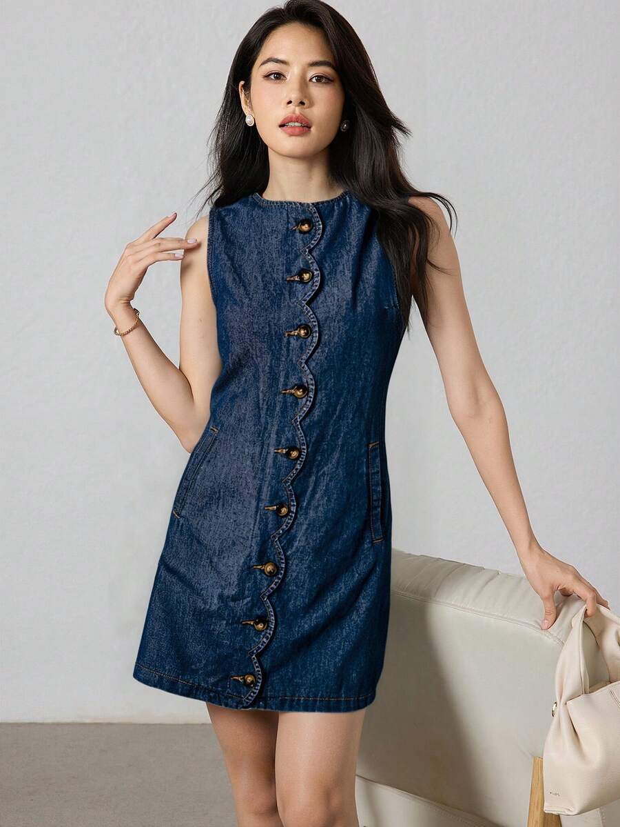 Heiryn 女士牛仔连衣裙，带口袋，波浪门襟，纽扣门襟，女装，蓝色连衣裙，直筒连衣裙，女士圆领，无袖，单纽扣口袋，牛仔连衣裙，蓝色连衣裙，蓝色女装，海军蓝连衣裙，西部连衣裙，西部女装，海军蓝女装 - 中等水洗藍 - 查看 1