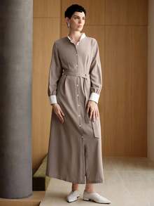 Uhlyne Color Block Splice Casual French Effortless Style Minimalist Long Dress, Loose Tie Waist High-End OL Commuter Shirt Style Long Sleeve Dress For Women - Khaki - View 5