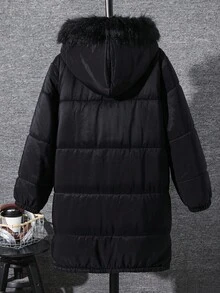 SHEIN 1pc Tween Boy Black Winter Casual School Back-To-School Mid-Length Padded Coat,Fur Strip Decoration Contrast Color Thick Lining Retro Sports Jacket - Black - View 3