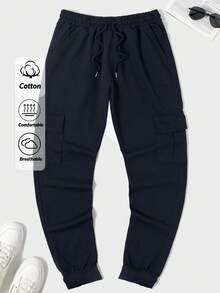 RueChic 100%Cotton Men Flap Pocket Side Drawstring Waist Cargo Sweatpants - Navy Blue - View 1