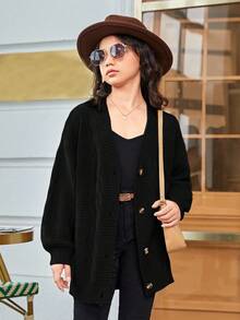 SHEIN Tween Girls' Casual Loose Solid Color Cardigan, Suitable For Autumn/Winter - Black - View 3