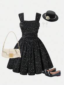 少女节日派对宴会法式少女金属光泽方领细肩带公主迷你连衣裙 - 黑色 - 查看 5