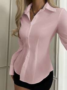 SHEIN EZwear 女士休闲收腰长袖衬衫，适合秋冬季穿着 - 淺粉色 - 查看 5