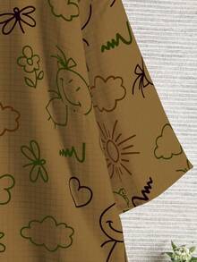 Linhara 加大码编织可爱卡通印花圆领短袖宽松常规长度T恤 - 卡其色 - 查看 3