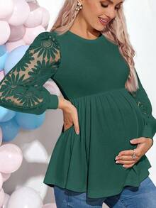Loomaby Maternity Green Sheer Long Sleeve Round Neck T-Shirt Green Maternity Top Maternity Top Green Top Green Lace Maternity Top Lace Maternity Top
