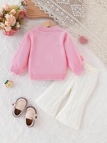 Baby & Girl Fashionable Cute Versatile Ball Decor Sweater Set, Woolen Top & Flared Pants Fall Winter - Baby Pink - View 2
