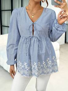 SHEIN Loose Maternity Front Tie Striped Burn-Out Embroidered Ruffle Hem Blouse - Blue and White - View 6