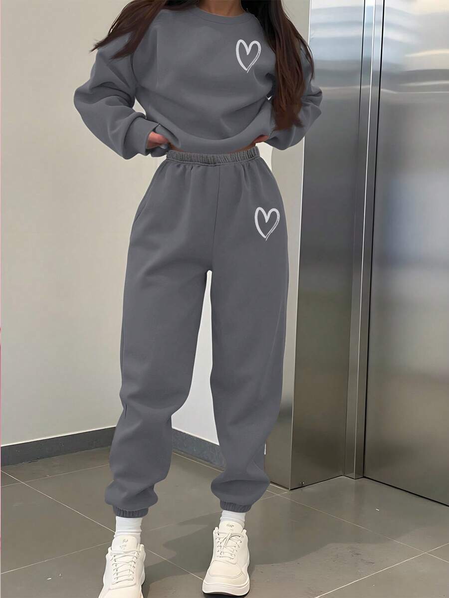 SHEIN Leap Crew Simple Heart Pattern Teen Girls Casual Loose Fit Crew Neck Long Sleeve Sweatshirt And Pants Thick 2-Piece Set, Suitable For Autumn/Winter Fall - Dark Grey - View 1