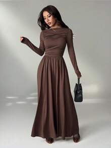 SHEIN PETITE 女式纯色修身长袖连衣裙，韩版风格 - 棕色 - 查看 10
