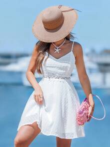 Sylviya Guipure Lace Insert Cami Dress For Summer Vacation - White - View 4