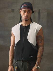 AXEPEAK 男士撞色拉链门襟宽松休闲背心，秋冬 - 黑與白 - 查看 4